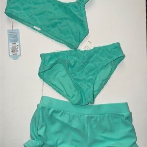 Cat & Jack Girls 3PC Swimsuit Set Aqua Bikini +
Ruffle Swim Shorts Size M 8 NWT